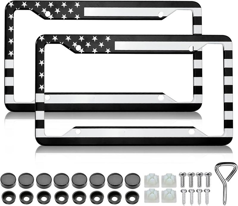 LIN KANG Black American Flag License Plate Frame - 2 PCS Patriotic US Flag Aluminum Metal License Plate Frames Holder Covers, Rust-Proof Waterproof Car Decorative Tag Frames for Standard Us 12x6 Inch - Image 1